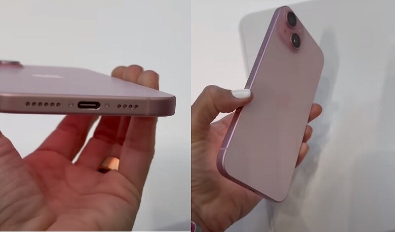 cổng type C trên iphone 15 màu hồng phấn pastel